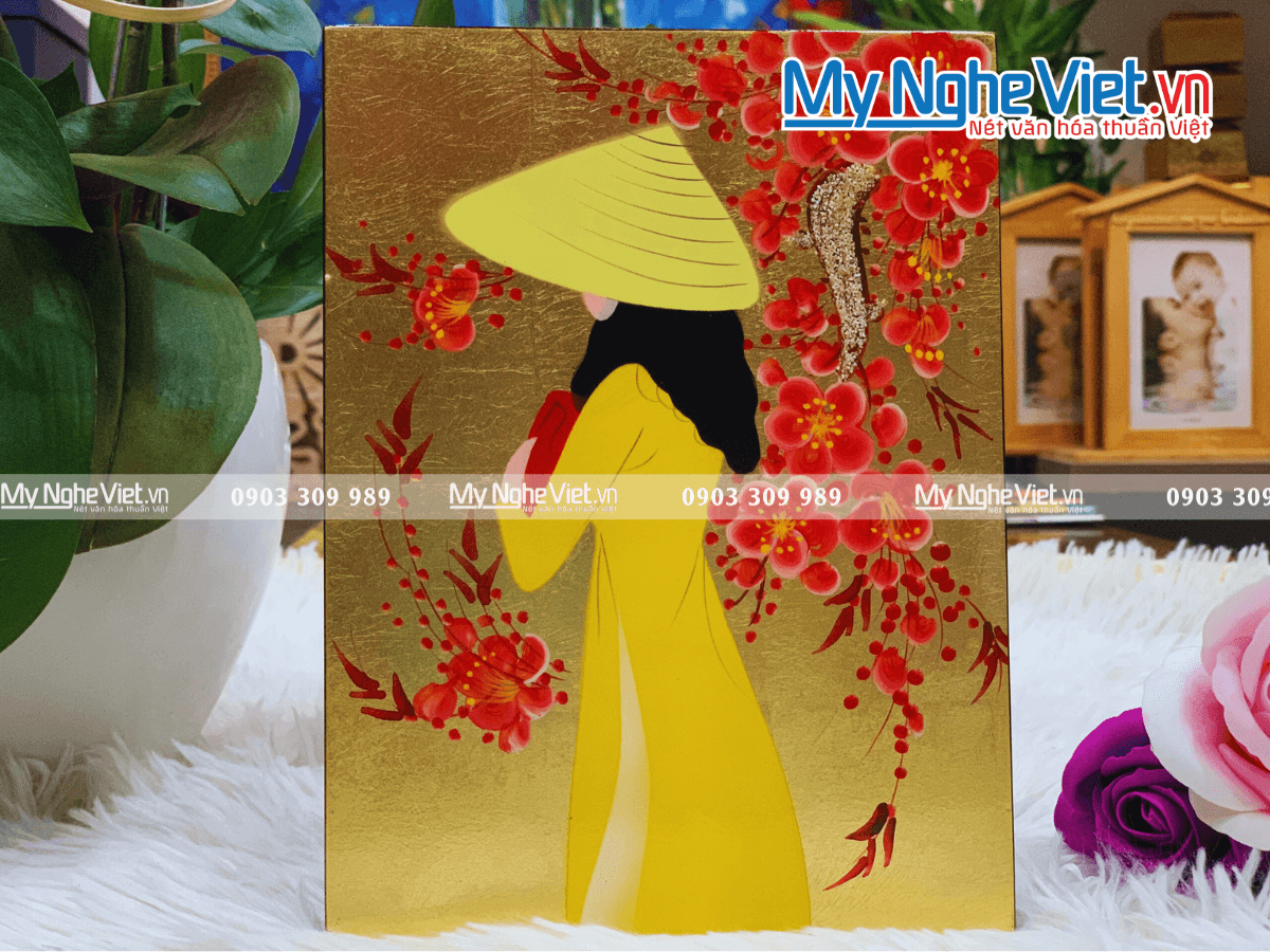 Elegant Vietnamese Lacquer Painting of Ao Dai Maiden | Handcrafted Blossom Motif