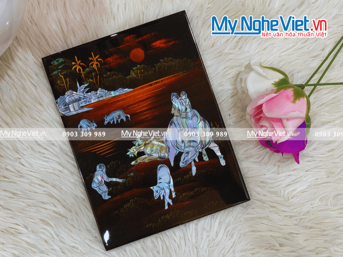Vietnamese Countryside Mother-of-Pearl Lacquer Painting | Meticulous Artisanal Inlay