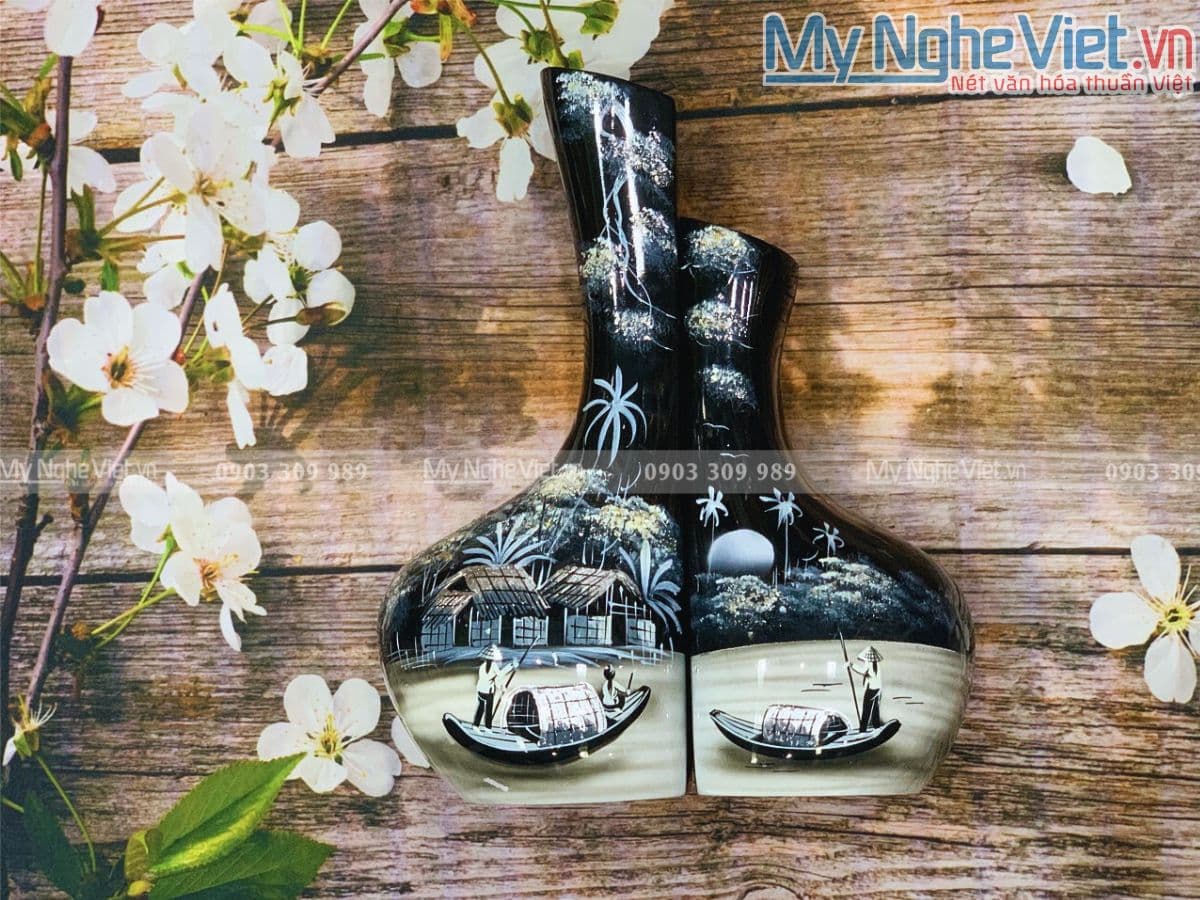 Heirloom Lacquerware Floral Vase Pair | Meticulous Eggshell Inlay