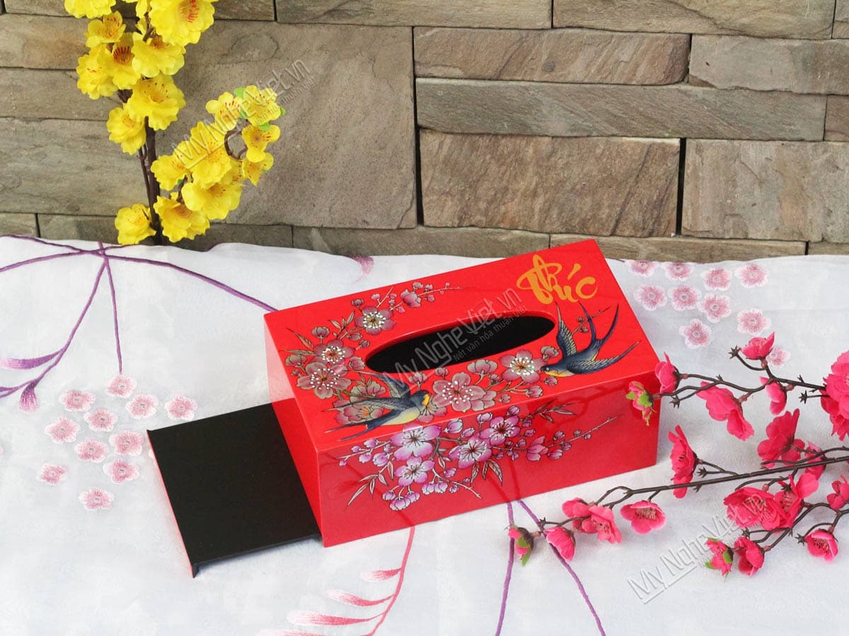 Rectangular Tissue Box with Blue Plum Blossom Motif | Fine Vietnamese Artistry