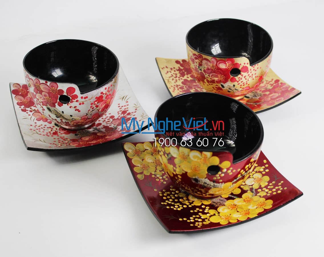 Multicolor Peach Blossom Lacquerware Dining Set | Authentic Vietnamese Artisanship