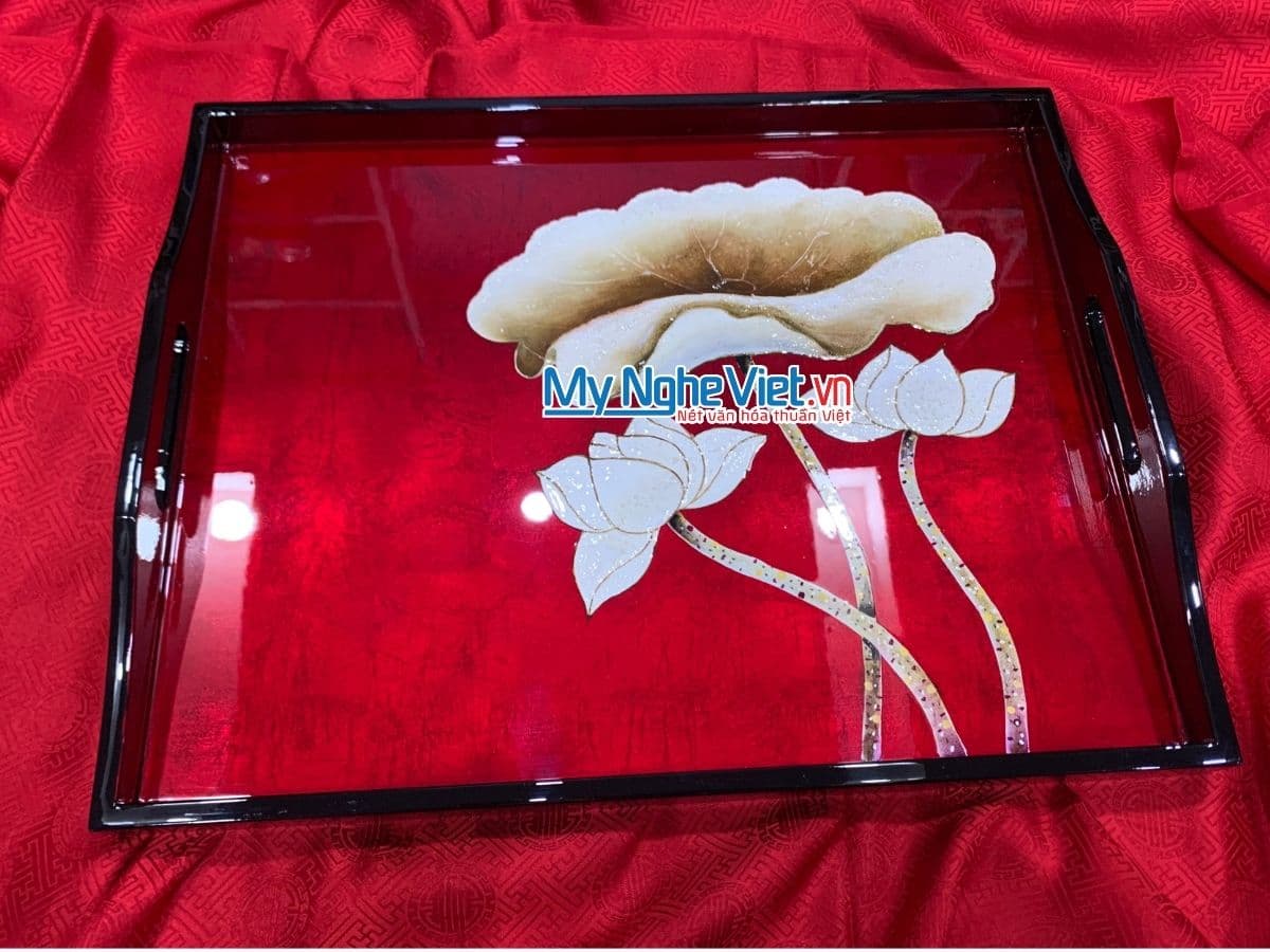Premium Hand-Painted Lacquer Tray with Lotus Motif | Timeless Red Lacquer
