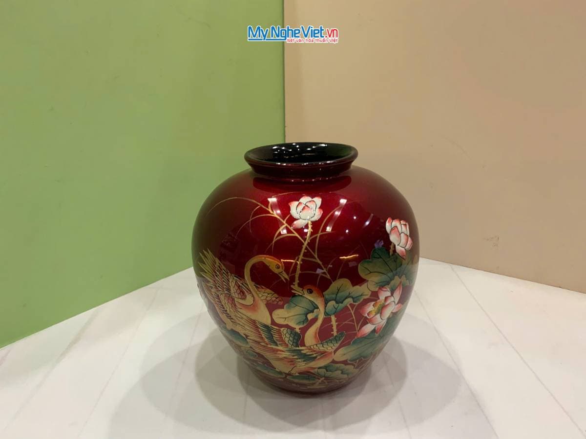 Artisanal Red Lacquerware Vase with Raised Lotus Relief | Timeless Elegance