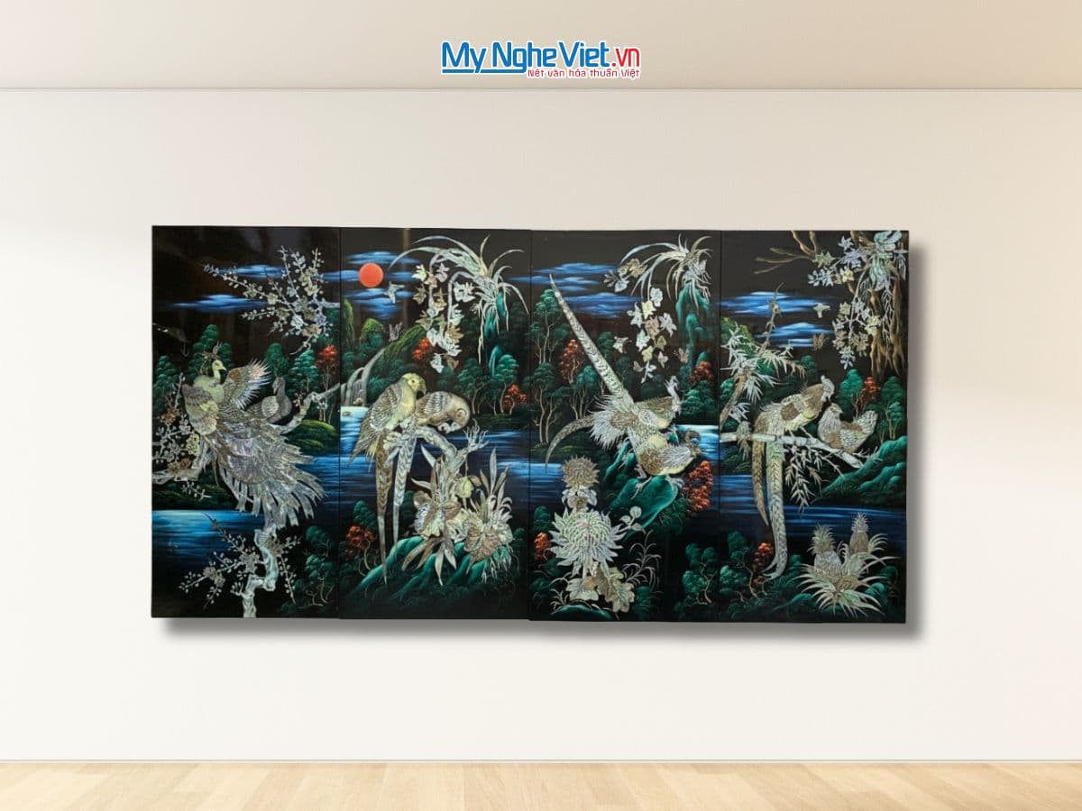 Exquisite Lacquered Triptych Featuring Peacock, Rooster & Parrot | Mother-of-Pearl Inlay on Verdant Canvas
