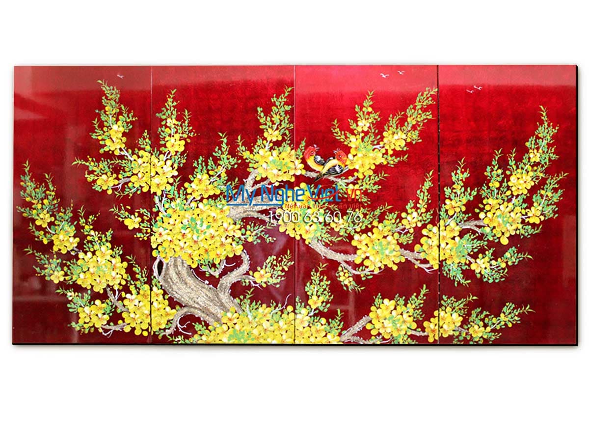 Elegant Lacquer Painting with Golden Apricot Blossoms | Red Heritage Ground