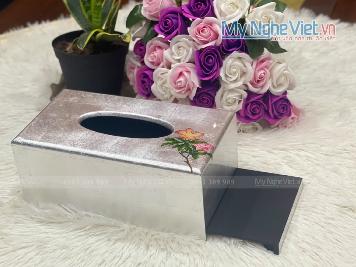 Rectangular Tissue Box with Blue Plum Blossom Motif | Fine Vietnamese Lacquerware