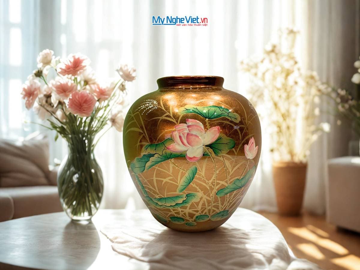 Elevated Embossed Lotus Vase in Bronze-Gilded Lacquer | Timeless Artistry