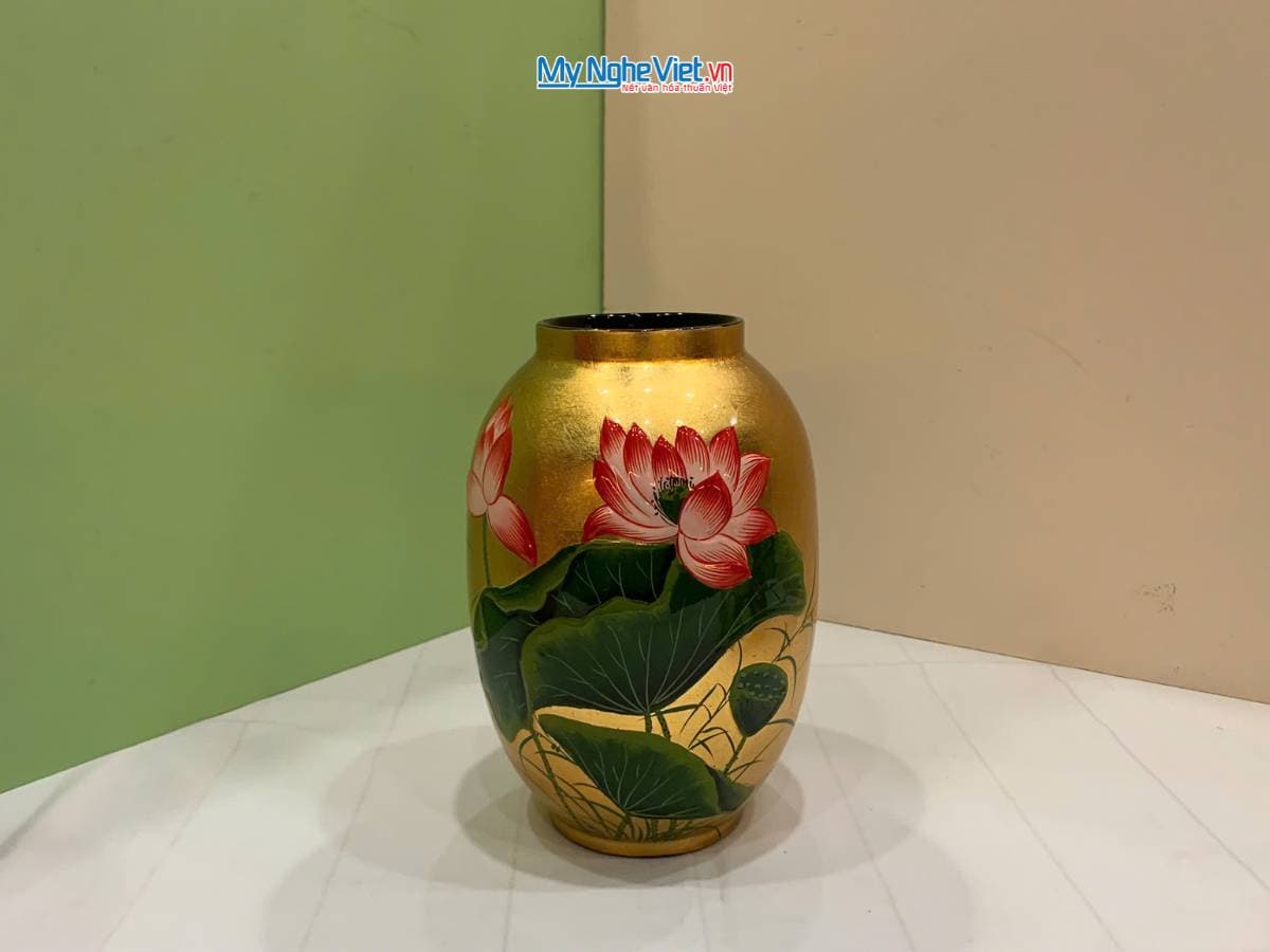 Embossed Lotus Lacquer Vase | Premium Vietnamese Handcrafted Relief Art