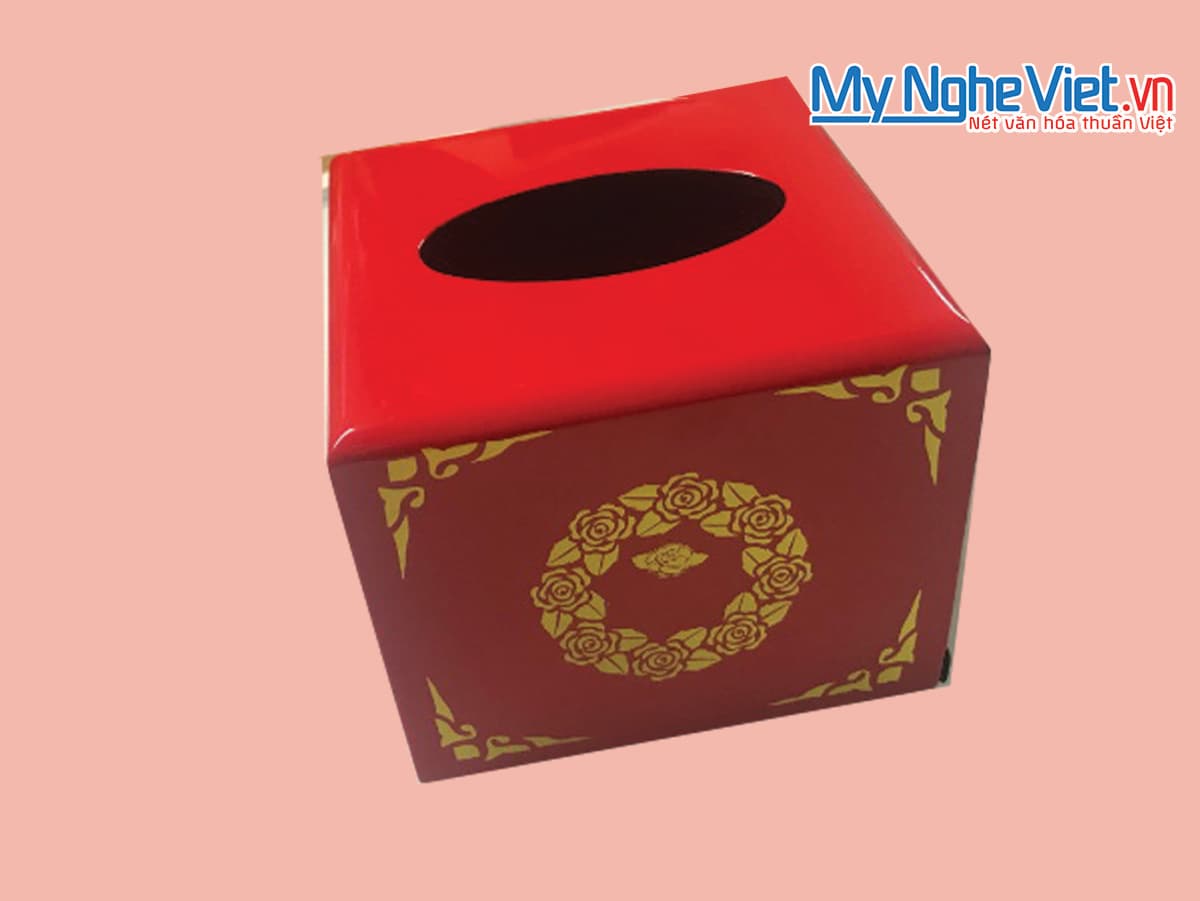 Square Lacquer Tissue Box | Meticulous Hand-Painted Crimson Blossoms