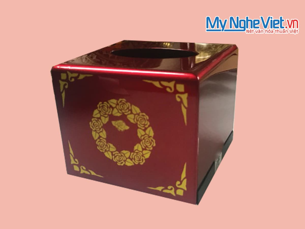 Square Red Lacquer Tissue Box | Meticulous Hand-Painted Bloom Motif