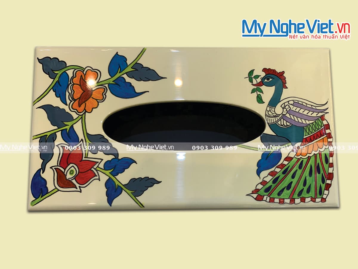 Elegant Rectangular Tissue Box | Hand-Painted Blue Plum Blossom Lacquerware