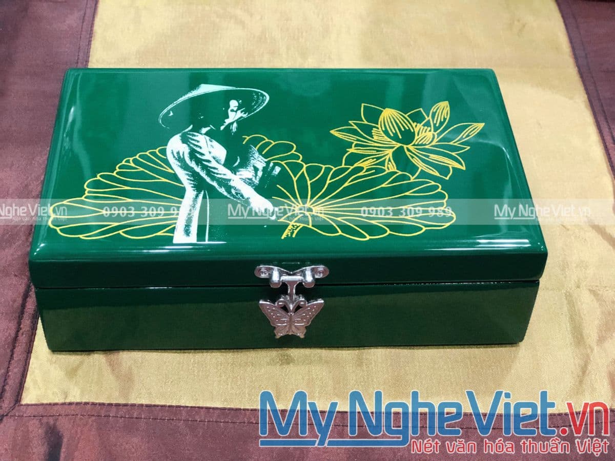 Lacquered Jewelry Box with Lotus and Maiden Motif | Handcrafted Wood Artistry