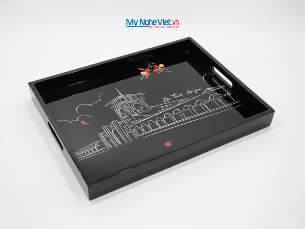 Premium Handcrafted Lacquer Tray | Saigon Market Inspired Artwork