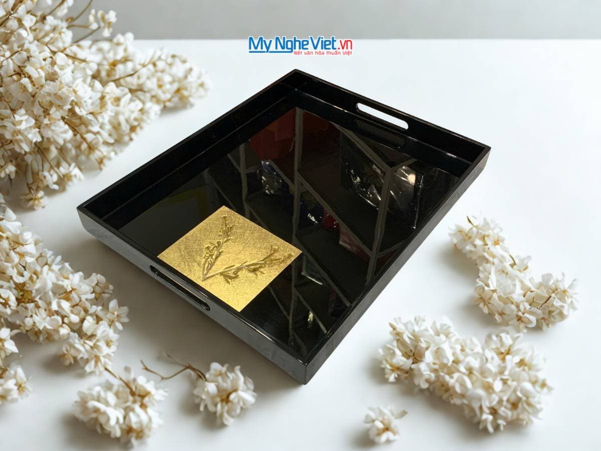Exquisite Black Lacquer Tray with Gilded Leaf Motif | Timeless Vietnamese Artistry