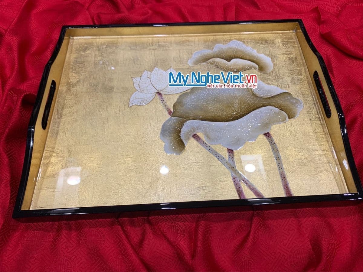 Exquisite Hand-Painted Lotus Lacquer Tray | Golden Background Elegance