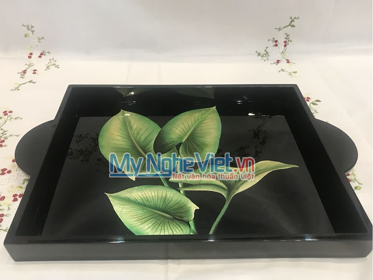 Exquisite Hand-Painted Lacquer Tray | Premium Black and Blue Banana Leaf Motif