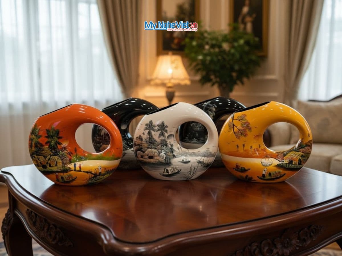 Handcrafted Vietnamese Lacquer Vase | Rustic Countryside Scene