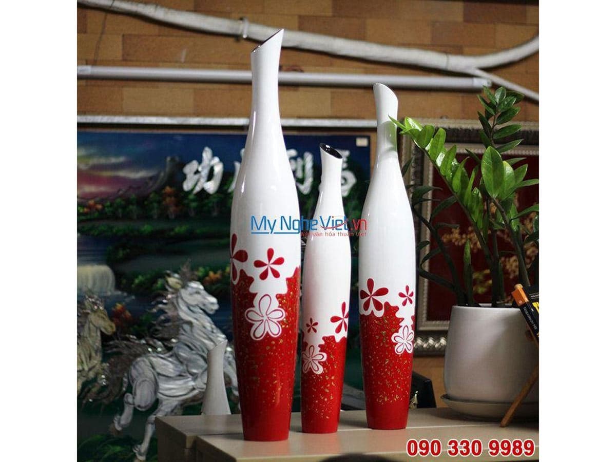 Trio of Embossed Red Plum Blossom Vases | Handcrafted Vietnamese Lacquerware