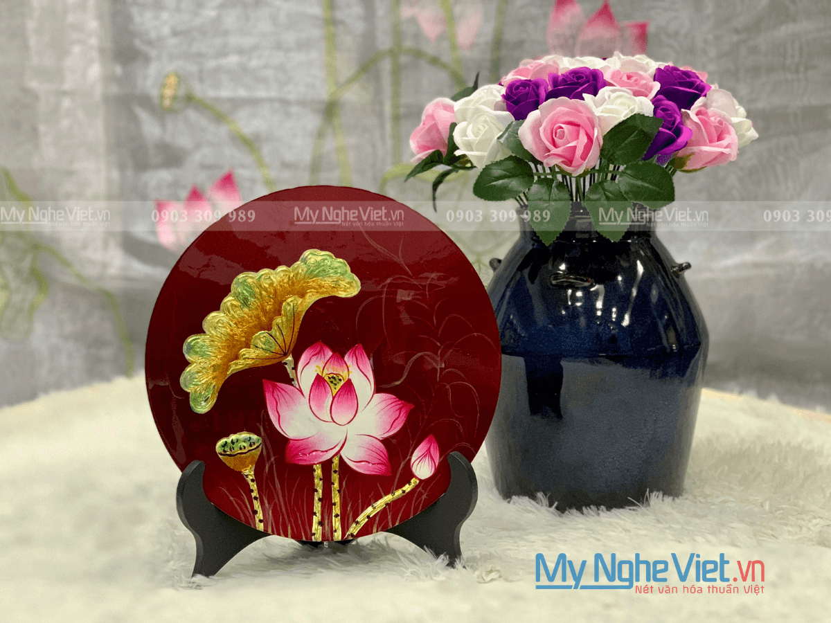 Elevated Lacquerware Lotus Relief Plate with Pedestal | Authentic Vietnamese Lacquer