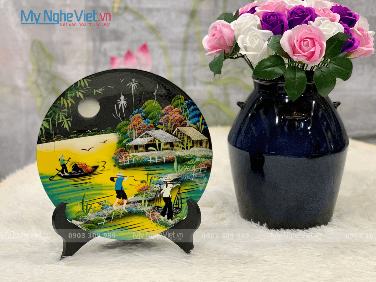 Handcrafted Vietnamese Lacquer Plate | Meticulous Rural Landscape Scene