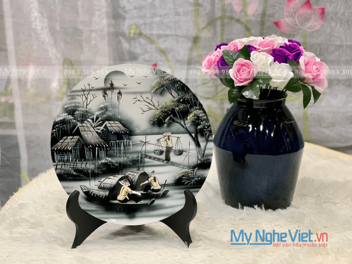 Handcrafted Vietnamese Lacquerware Plate | Village Scene Meticulous Detail