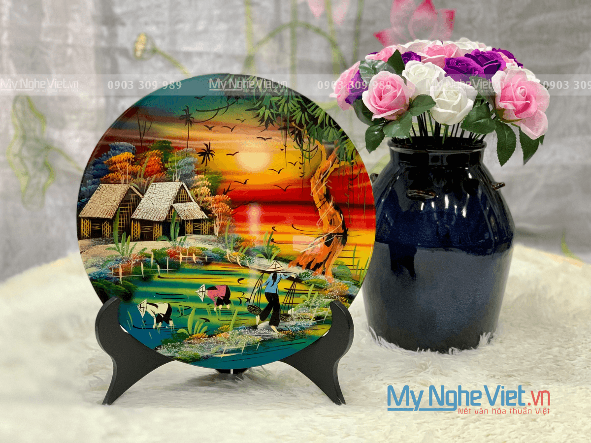 Vietnamese Lacquerware Landscape Plate | Handcrafted Rural Heritage