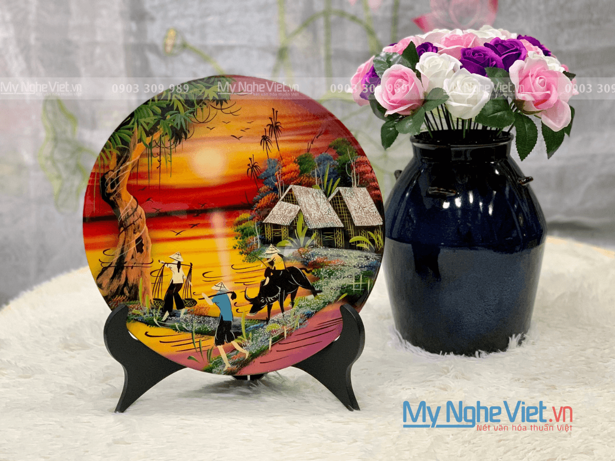 Handcrafted Lacquered Countryside Scene Plate | Timeless Vietnamese Heritage