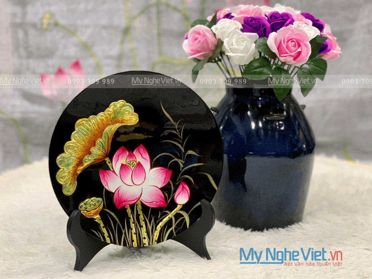 Elevated Lacquered Lotus Relief Plate with Pedestal | Authentic Vietnamese Lacquerware