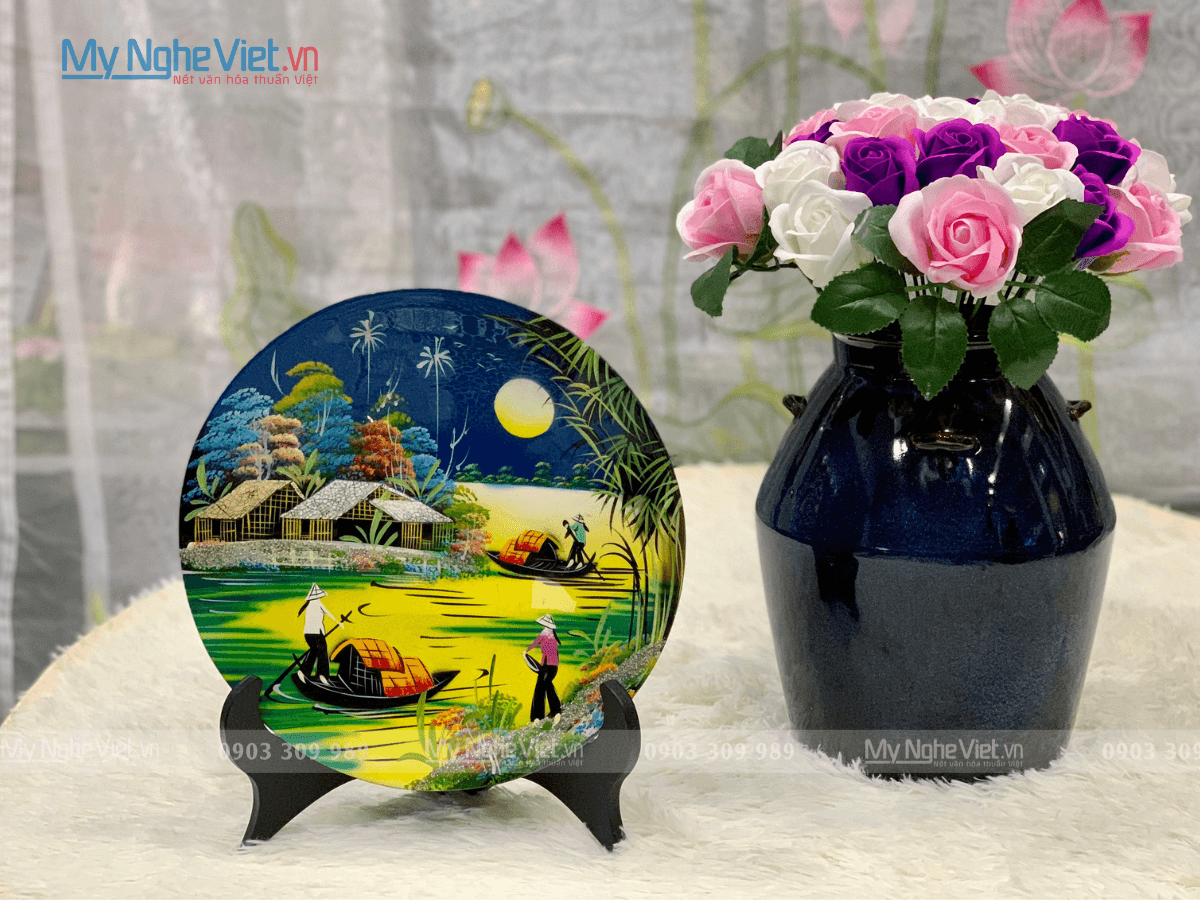 Handcrafted Vietnamese Lacquer Disc Painting | Rustic Countryside Scene
